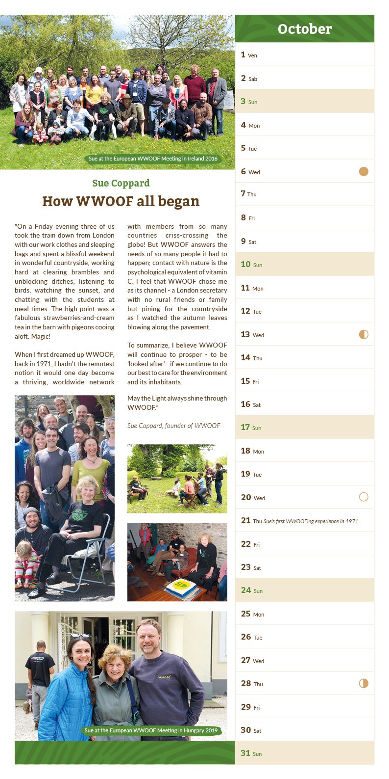 The October Calendar page: Sue Coppard narrates the early days of the WWOOF movement